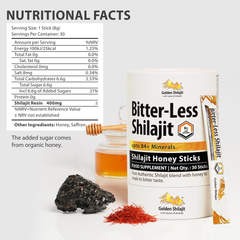Golden Shilajit Bitter-Less Honey Sticks 30 x 8g | Himalayan Shilajit with raw honey & saffron | Shilajit Original Himalayan | For adults & families | Laboratory tested | 84+ minerals