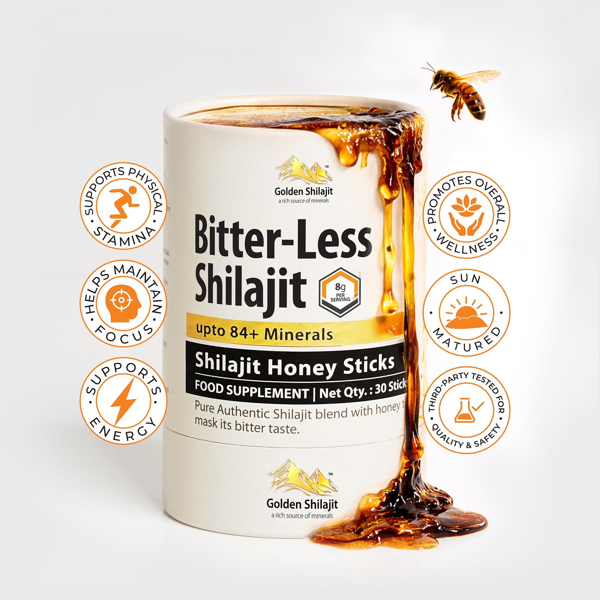 Golden Shilajit Bitter-Less Honey Sticks 30 x 8g | Himalayan Shilajit with raw honey & saffron | Shilajit Original Himalayan | For adults & families | Laboratory tested | 84+ minerals