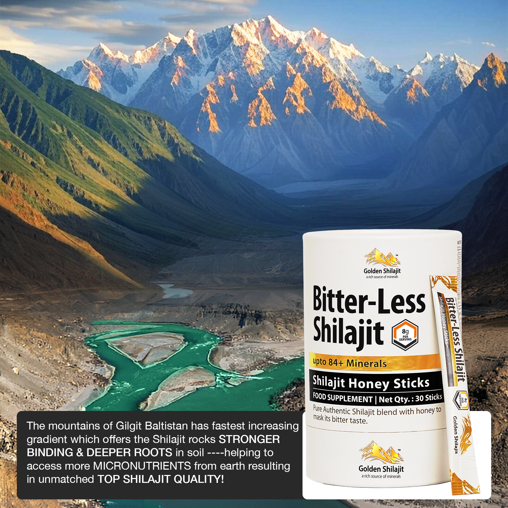 Golden Shilajit Bitter-Less Honey Sticks 30 x 8g | Himalayan Shilajit with raw honey & saffron | Shilajit Original Himalayan | For adults & families | Laboratory tested | 84+ minerals